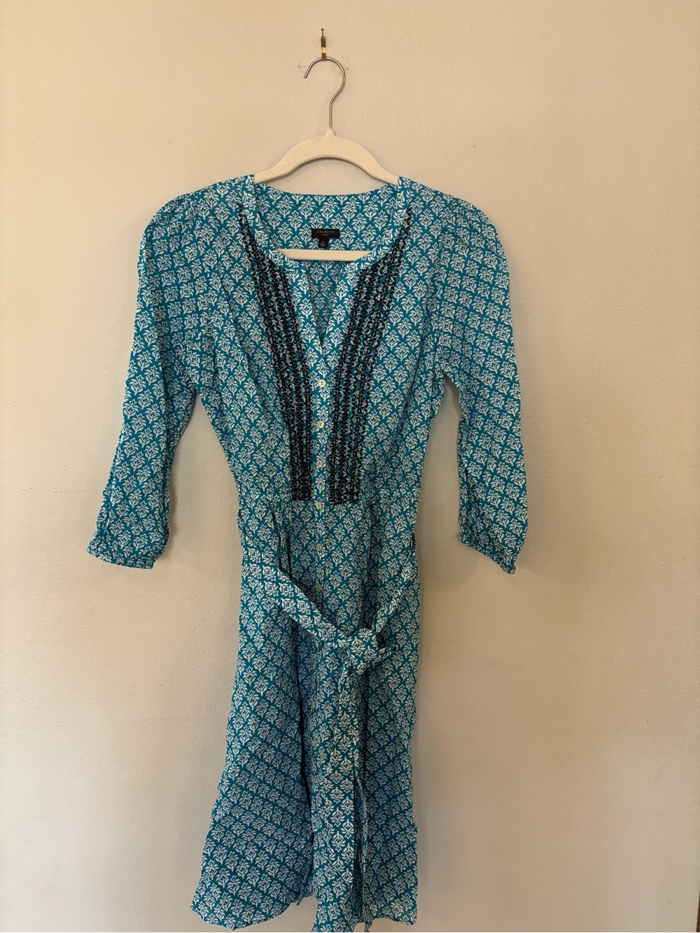 Talbots Teal Printed Tie-Waist Midi Dress with Embroidered Trim